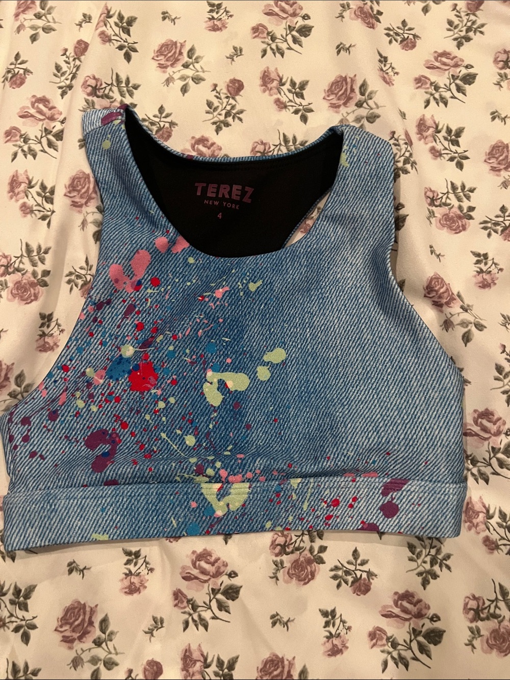 Terez Blue Denim-Look Paint Splatter Crop Top size 4